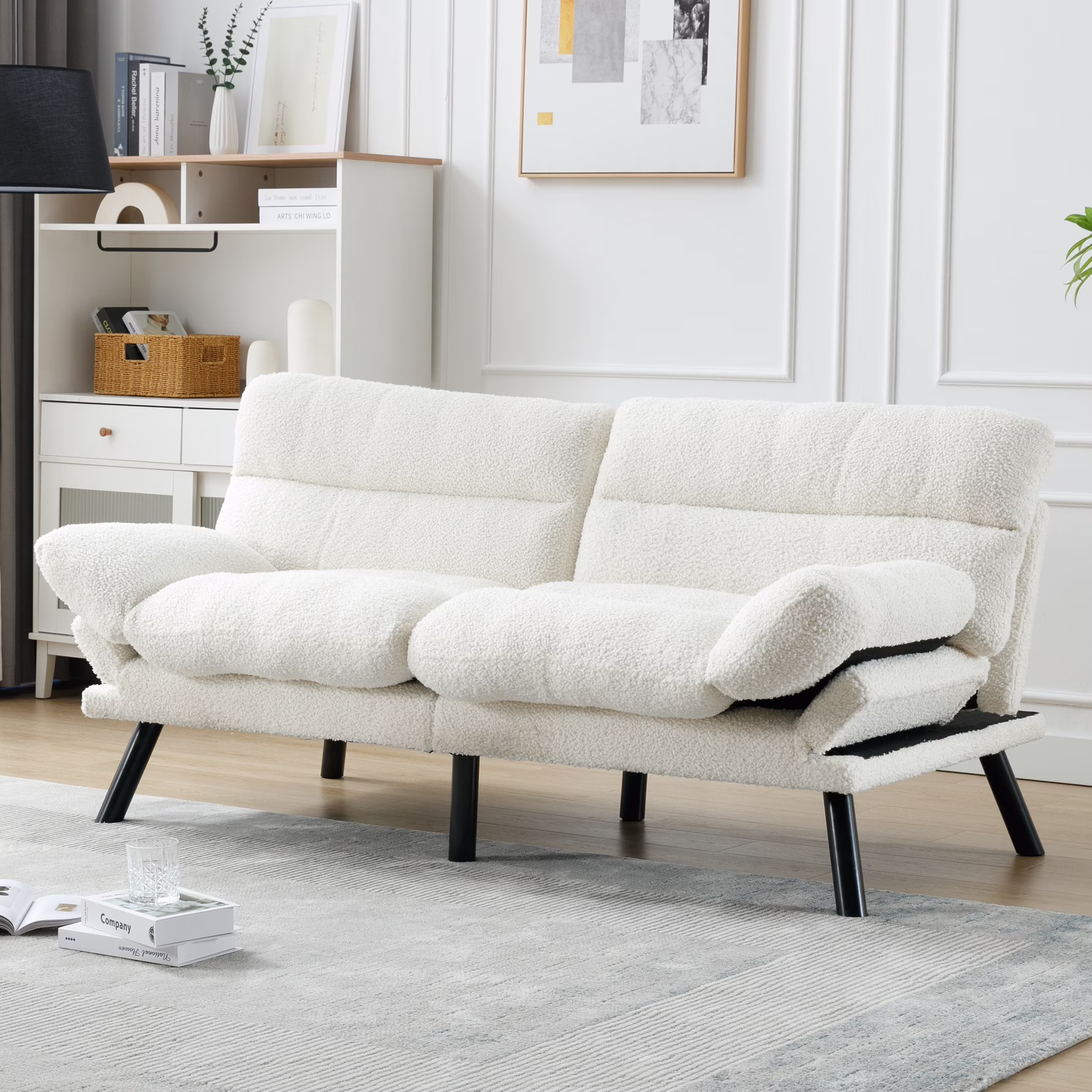 PORKISS 70.08" Futon Sofa Bed, Arm Sofa Couch with Adjustable Backrest & Armrests, Comfy Loveseat for Small Spaces Apartment, Modern Fabric Convertible Sleeper Sofa, Teddy Fabric, White