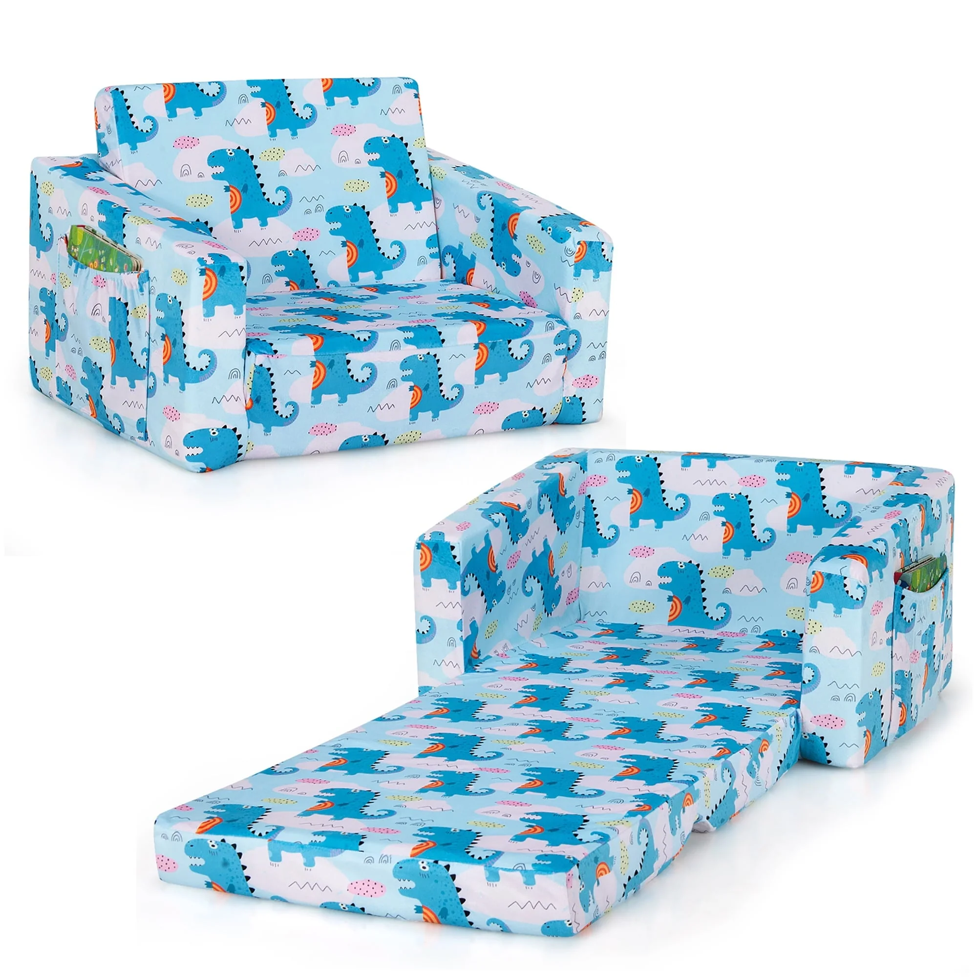 Costway 2-in-1 Convertible Kids Sofa to Lounger Flip-Out Chair w/Storage Pocket Blue