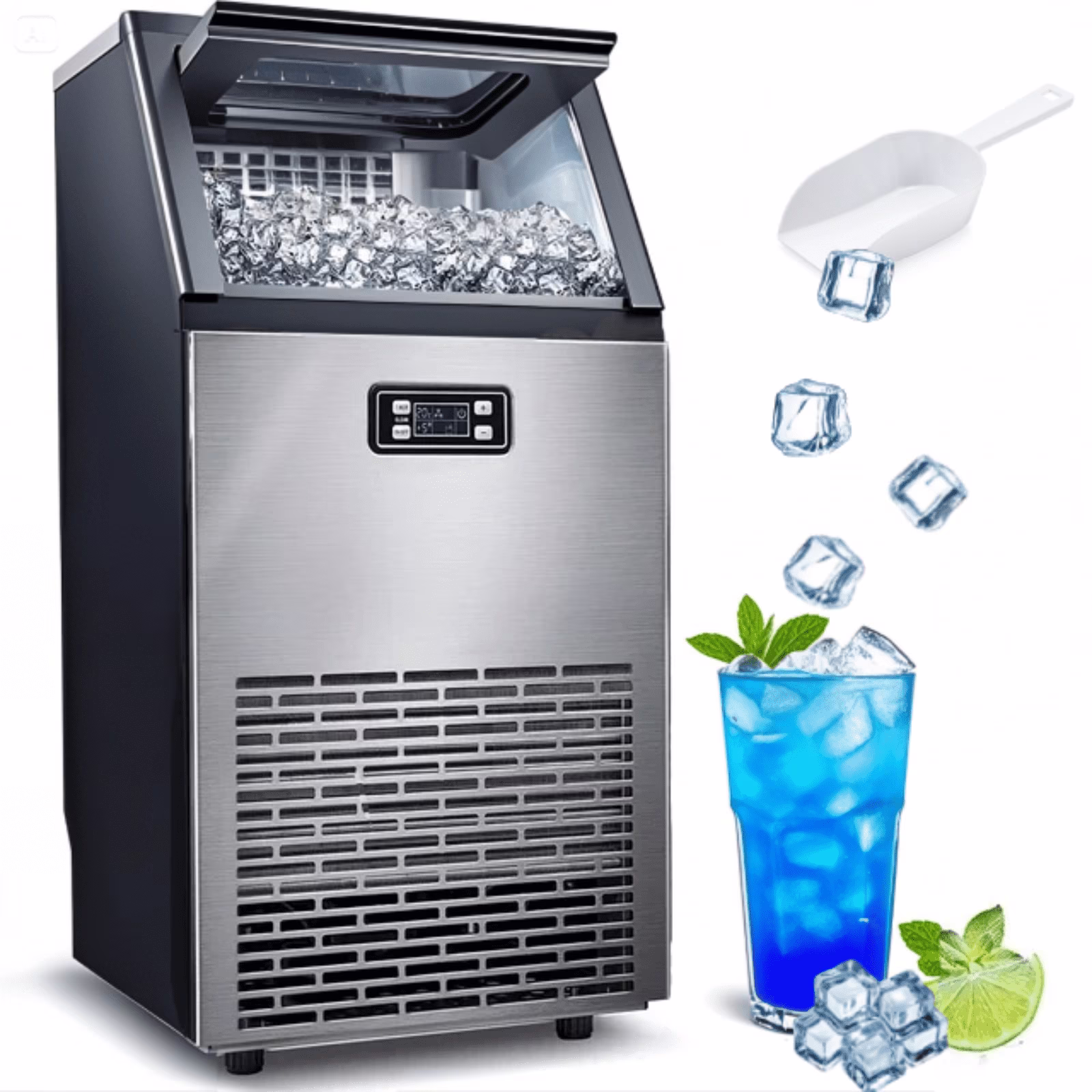 Auseo 100Lbs/24H Commercial Ice Maker Machine, 45 Cubes/Batch in 11Mins, Stainless Steel with Auto Clean, Under Counter for Home/Bar