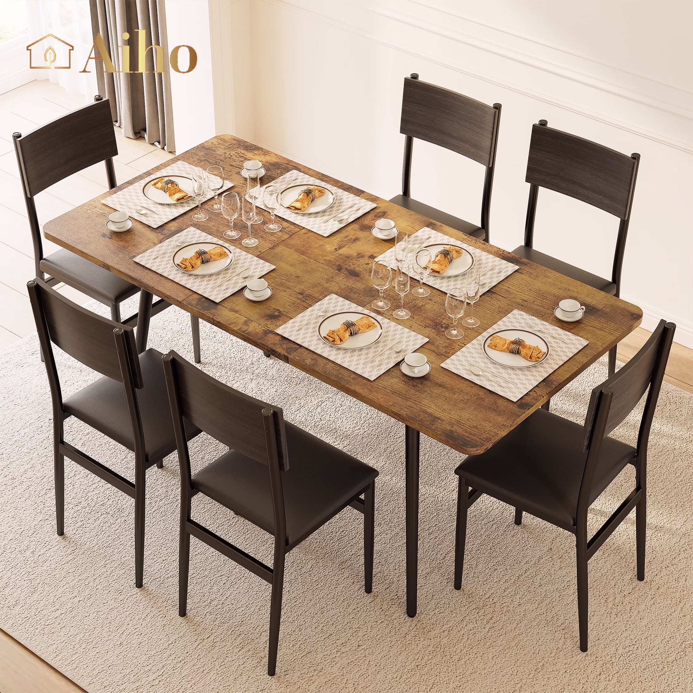 Aiho 63" Extendable Dining Table Set for 4-6 People, 7-Piece Large Dining Table Set With 6 Chairs, Retro
