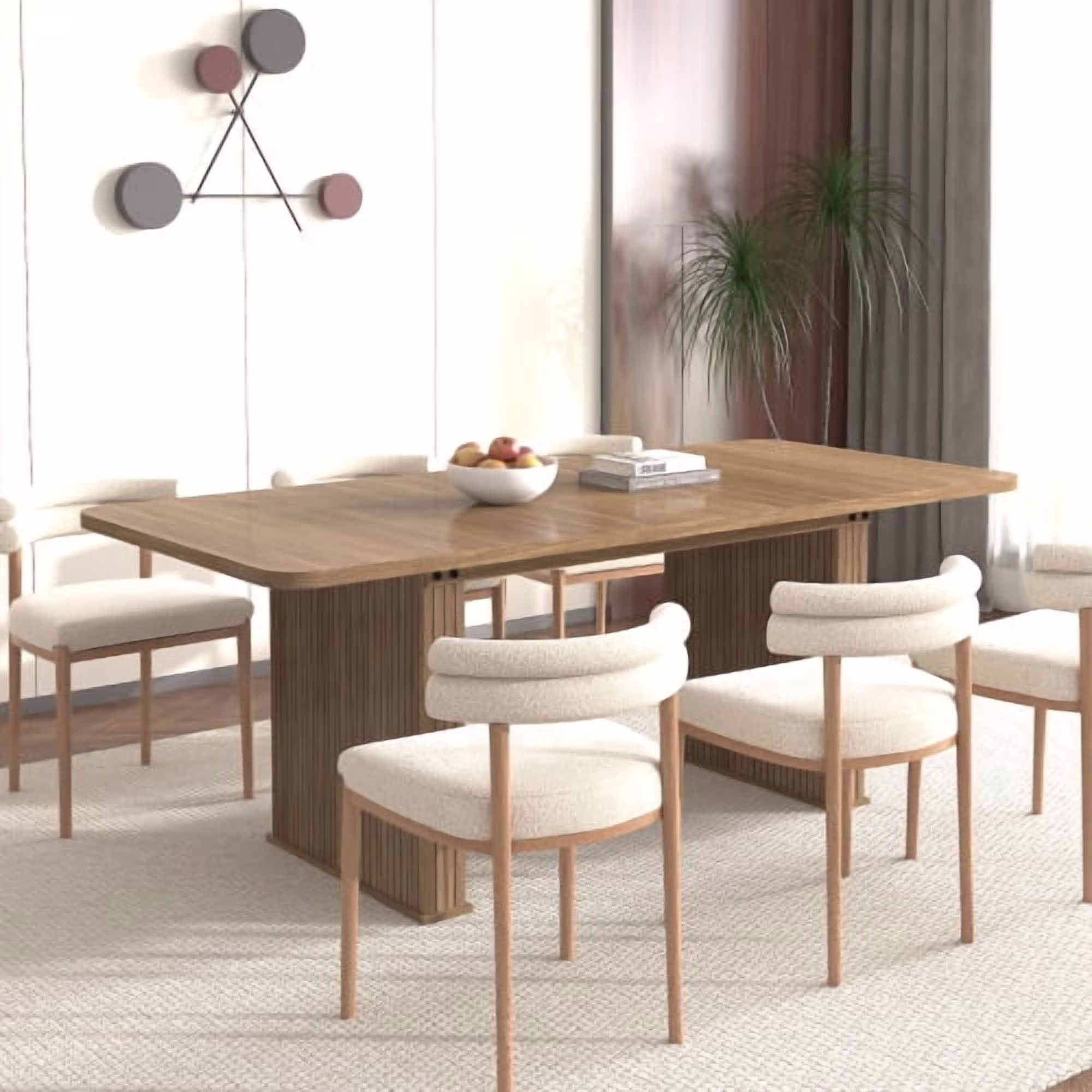 Modern Dining Table for 6-10 People, Extendable Wood Kitchen Table with Double Robust Pedestal, Rectangular Vertical Stripe Dinner Table, Beige Brown, 78.74"x35.43" for Dining Room, Family Gatherings