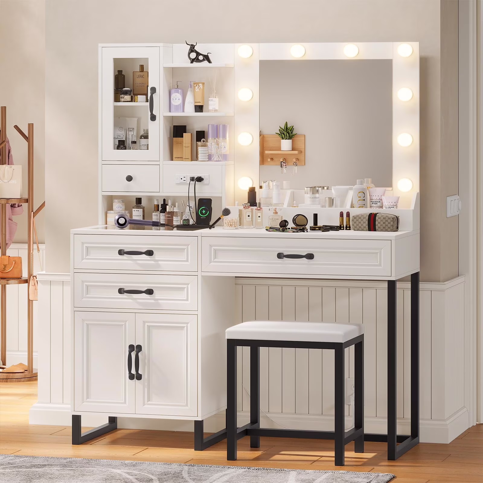 AMUZER Modern Vanity Desk Set with Mirror and Lights & Stool, Makeup Vanity Table with Charging Station, 4 Stoarge Drawers & Double-Door Cabinet, White