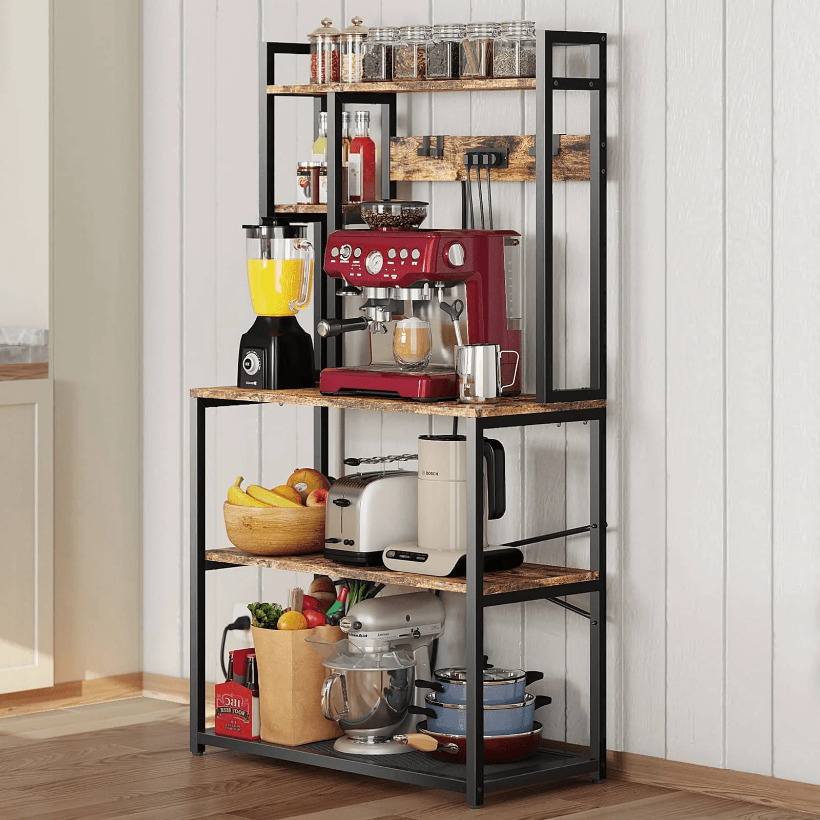 Baker's Rack, BUG HULL Kitchen Bakers Rack with Power Outlet, Industrial Microwave Oven Stand, Coffee Station, Coffee Bar Table Organizer Unit, Black