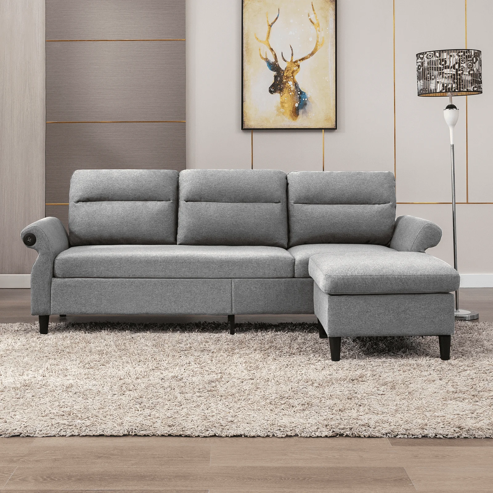 Mjkone Modern 88" W Convertible Sectional Sofa Couch with 2 USB Ports and Adjustable Armres,3 Seat L-Shape Sofa Couch with,Ottoman for Living Room,Apartment , Linen Fabric,Light Grey
