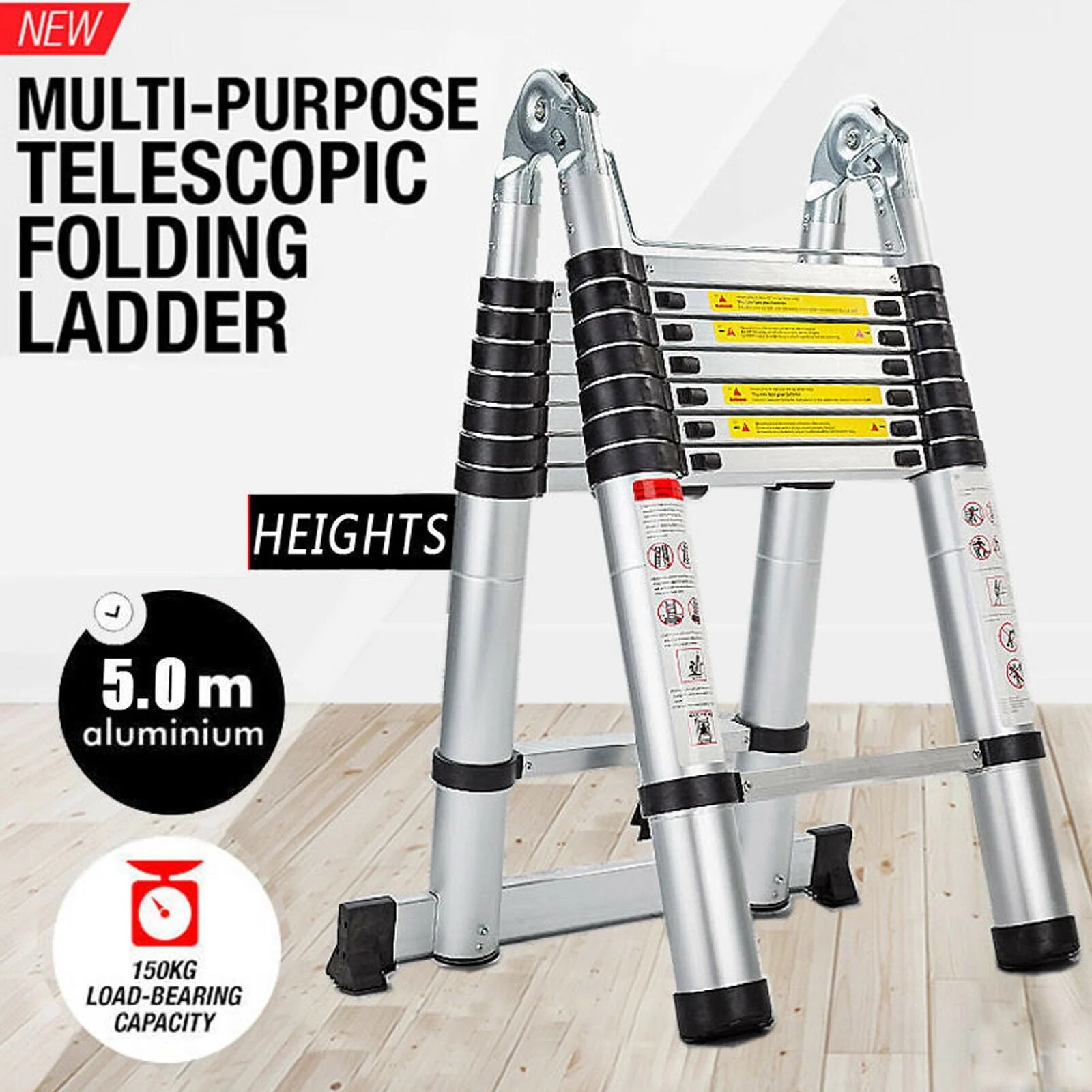 Bowoshen Telescopic Loft Ladder 16.5Ft Extendable Collapsible Step Ladders Securing Bolt 330lb Loading EN131 Certified