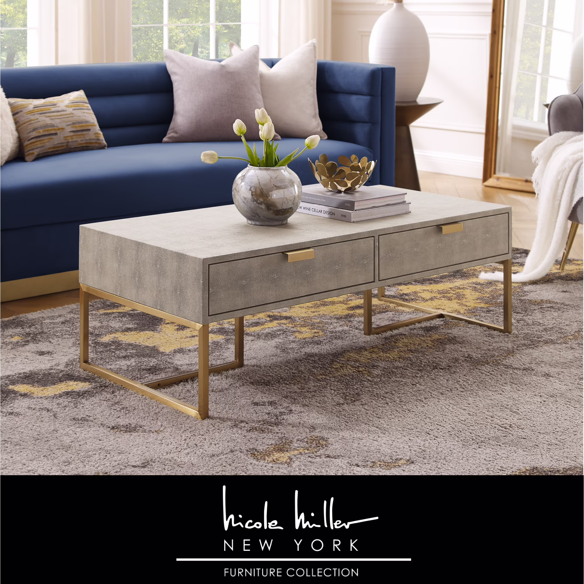 Nicole Miller Jaheim Faux Shagreen Coffee Table with 2 Drawers, Cream White/Gold
