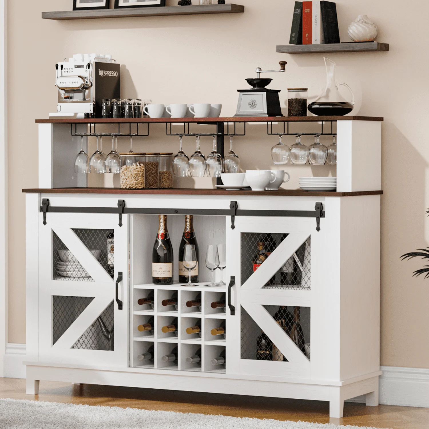 Waleaf Farmhouse Coffee Bar Cabinet with LED Lights, 55" Wine Bar Buffet Cabinet w/Sliding Barn Door & Wine and Glass Rack&nbsp;for Dining Room
