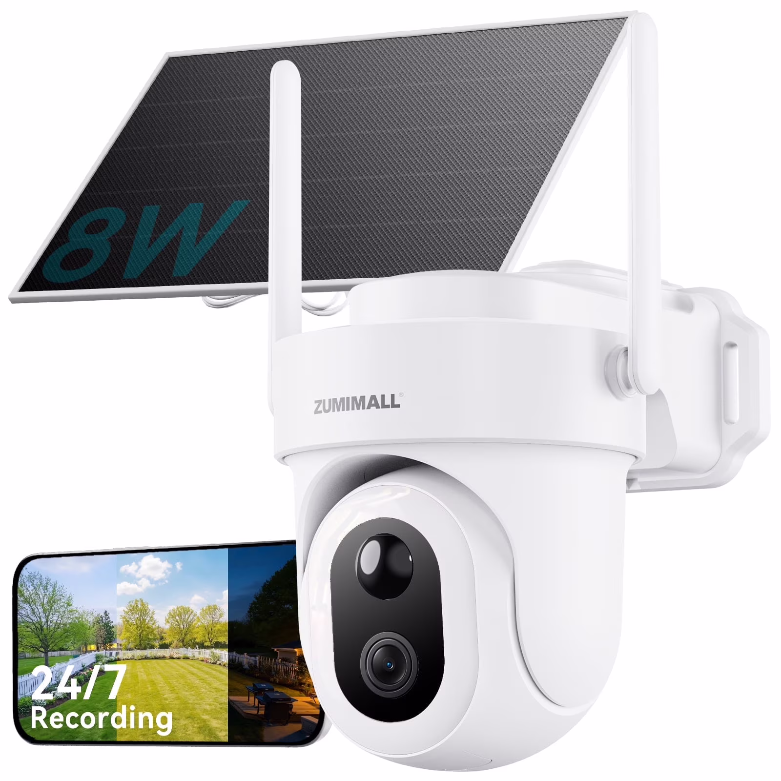ZUMIMALL 8W Solar Security Camera,AOV 24/7 Recording,360�� View Wireless Outdoor Camera,Rechargeable Battery Powered,2K Color Night Vision, 2-Way Talk, 2.4GHz WiFi, Auto Tracking,White