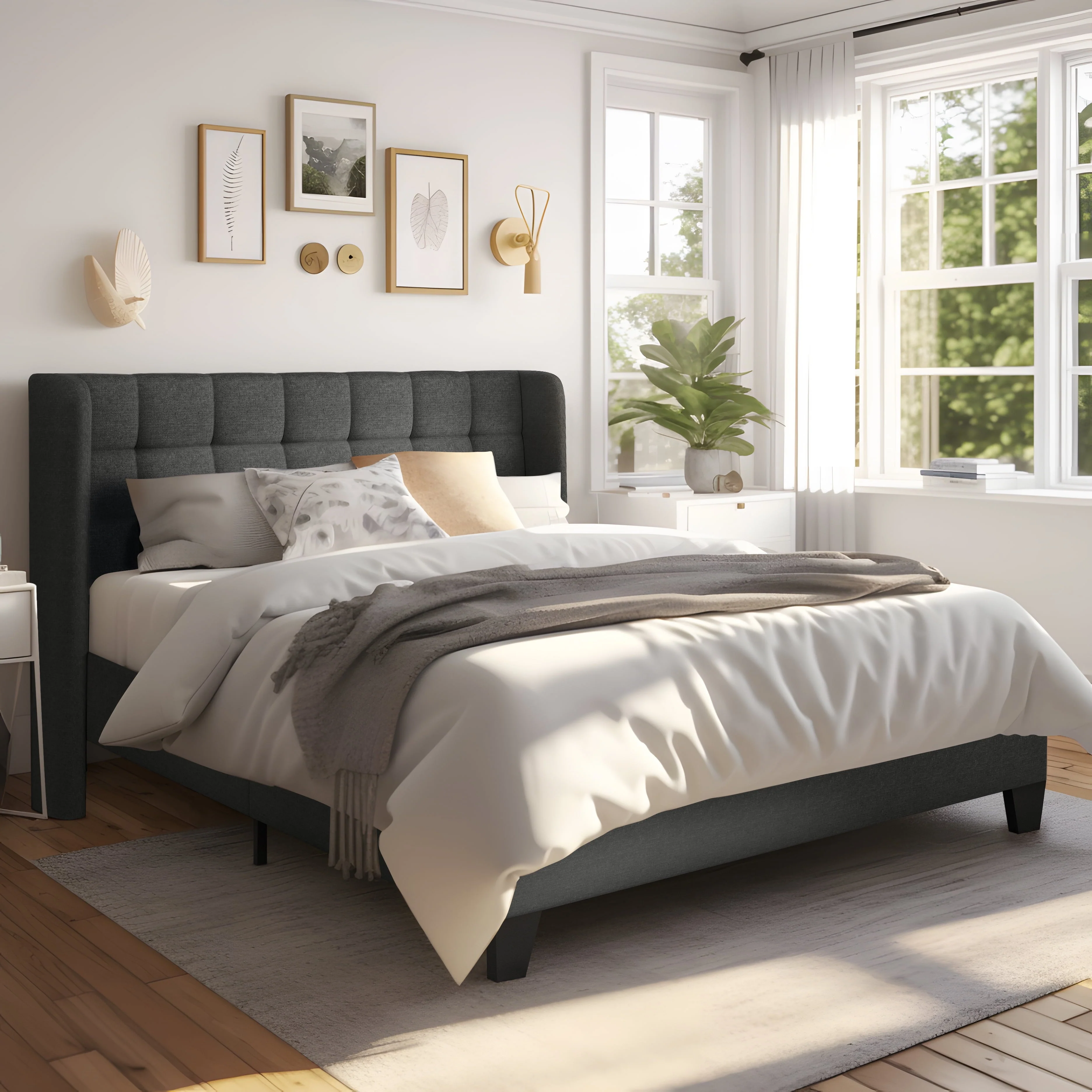 Allewie Queen Size Platform Bed with Wingback Fabric Upholstered Square Stitched Headboard and Wooden Slats, Grey