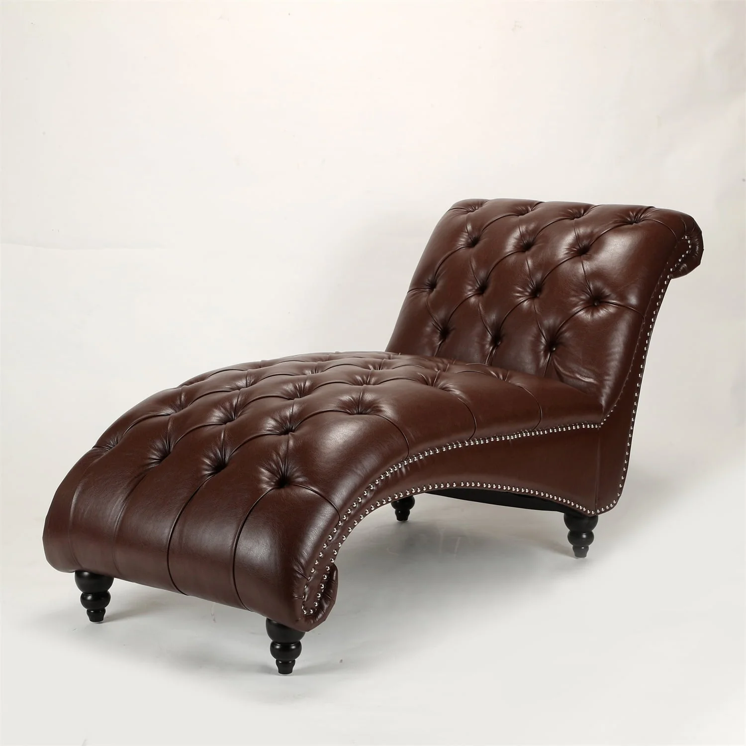 PU Leather Tufted Chaise Lounge Chair, Single Sofa Chaise Chair with Nailhead Trim and Turned Legs for Living Room Bedroom, Brown