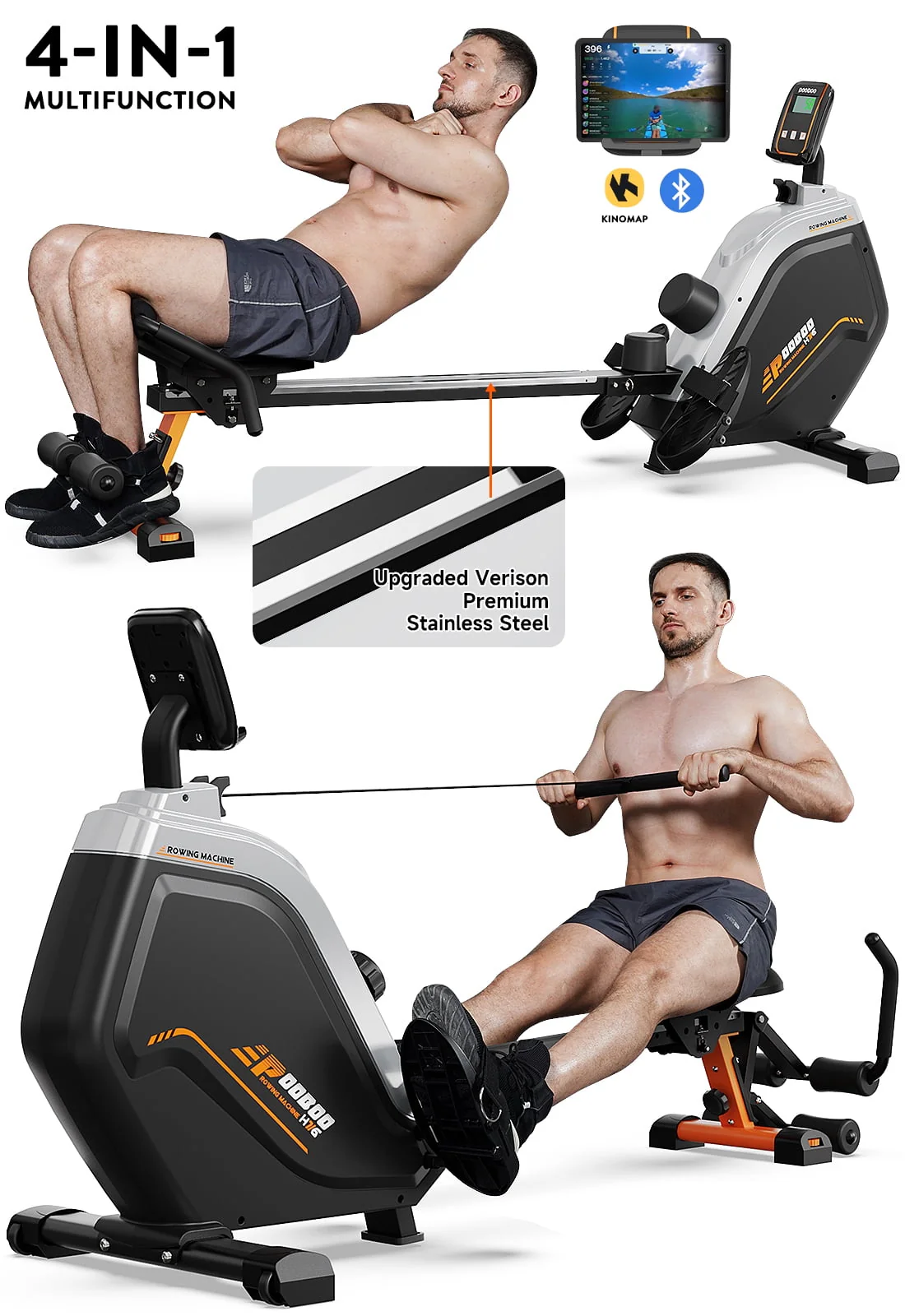 Pooboo Build-in Bluetooth 4in1 Magnetic Rowing Machines Rower Foldable 16 Level Resistance Indoor Rower Machines Home Exercise 350lb