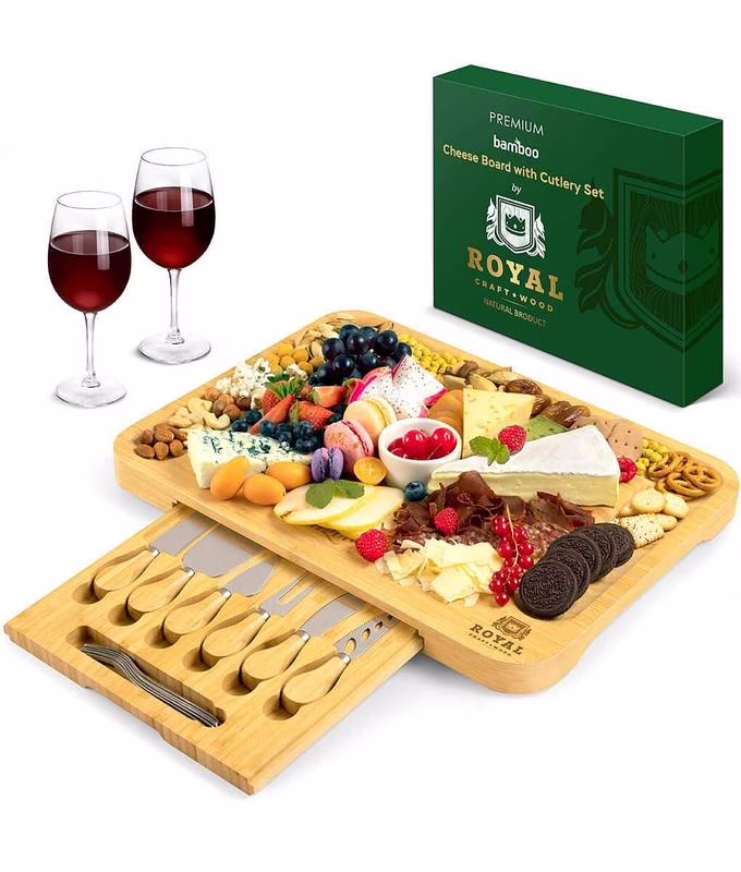 Wood Charcuterie Board �C Bamboo Cheese Board & Wooden Serving Platter with Cutlery Set