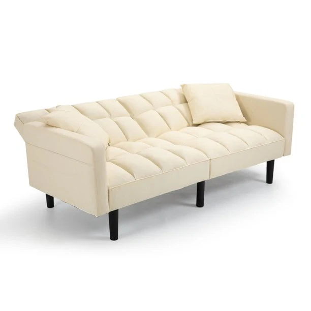 AVAWING 74" Modern Convertible Sofa Bed Black Faux Leather Futon Recliner Couch with Pillows