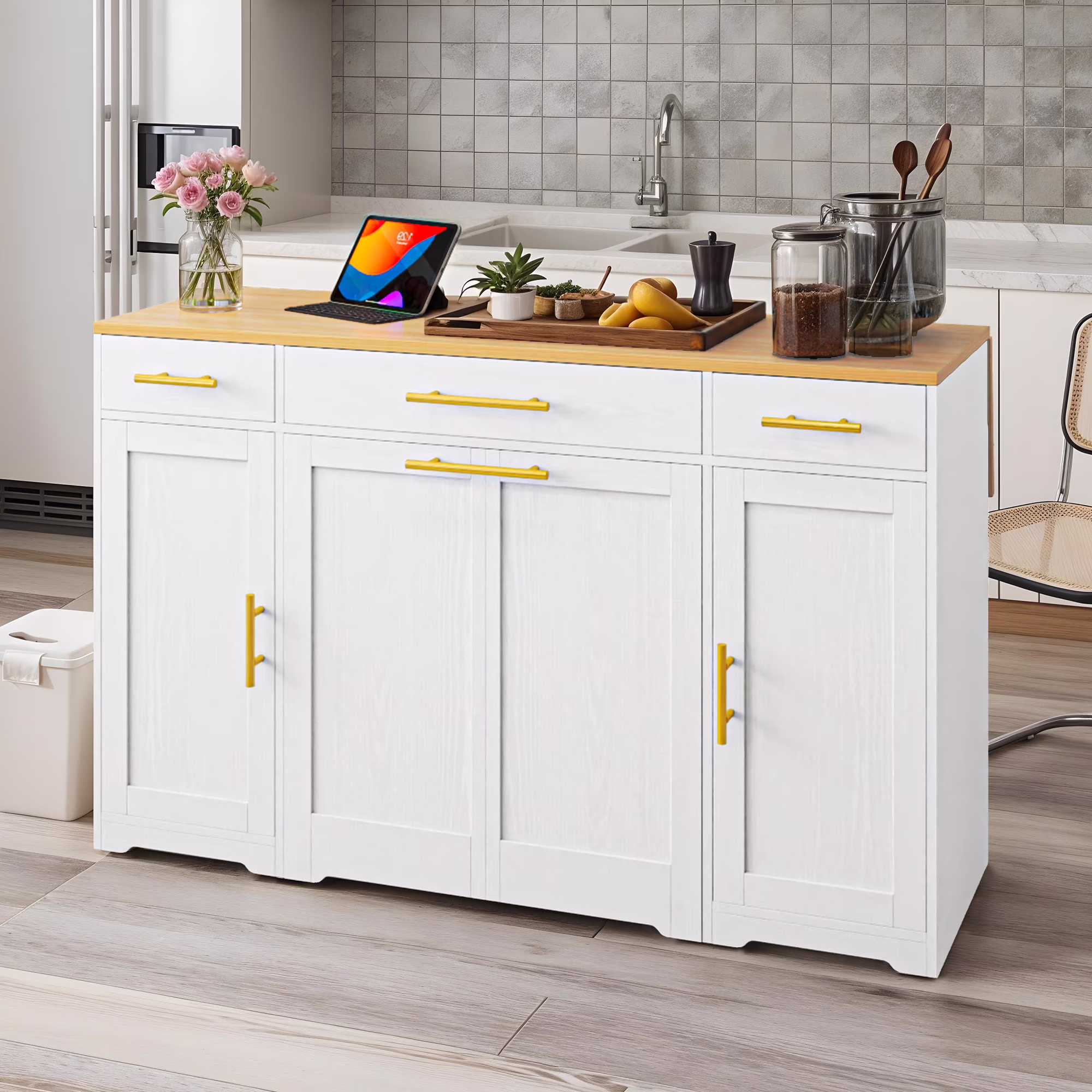 DEXTRUS Kitchen Island Table with Drawers & Doors, Storage Cart with Cabinet for Double 10-gal Trash Bin, White