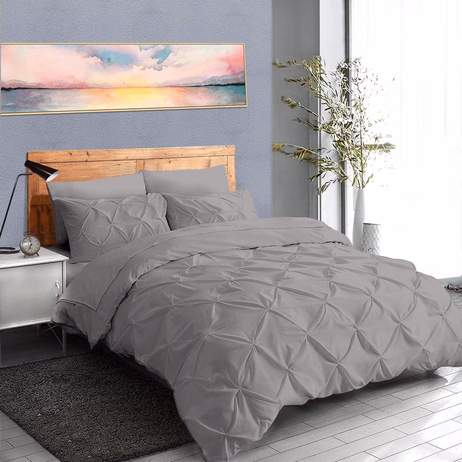 Pinch Pleated 1-Piece Duvet Cover 100% Egyptian Cotton 800 Thread Count with Zipper & Corner Ties Pintuck Decorative Duvet Cover- Queen/Full Size (90" x 90") Inch, Silver