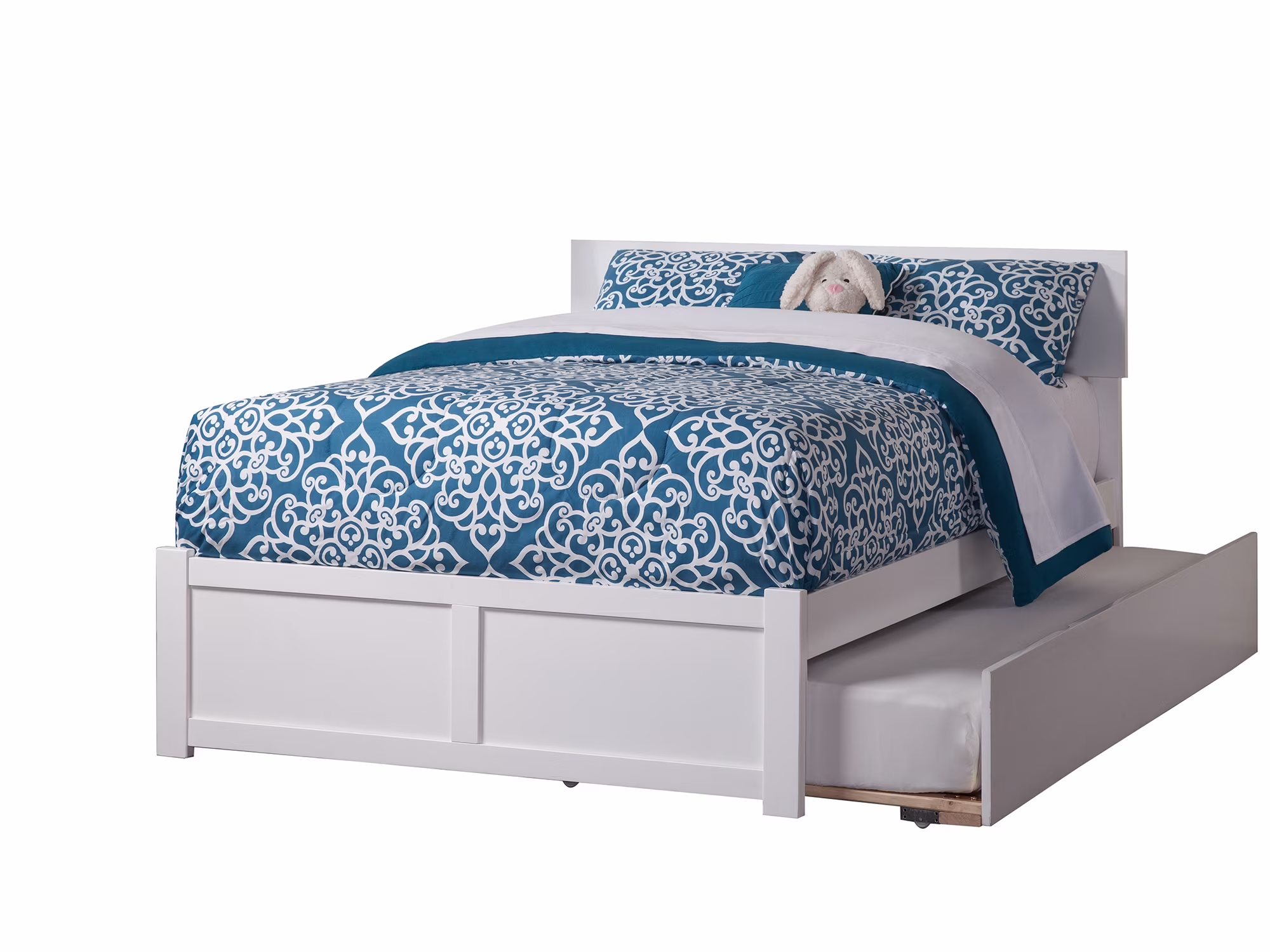 Orlando Full Platform Bed with Flat Panel Foot Board and Twin Size Urban Trundle Bed in White