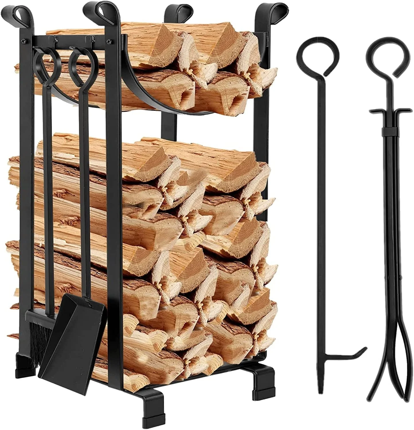 Amagabeli 30.7in Tall Fireplace Log Rack with 4 Tools Indoor Outdoor Firewood Holders Lumber Storage Stacking Black Wrought Iron Logs Bin Holder for Fireplace Tool Black