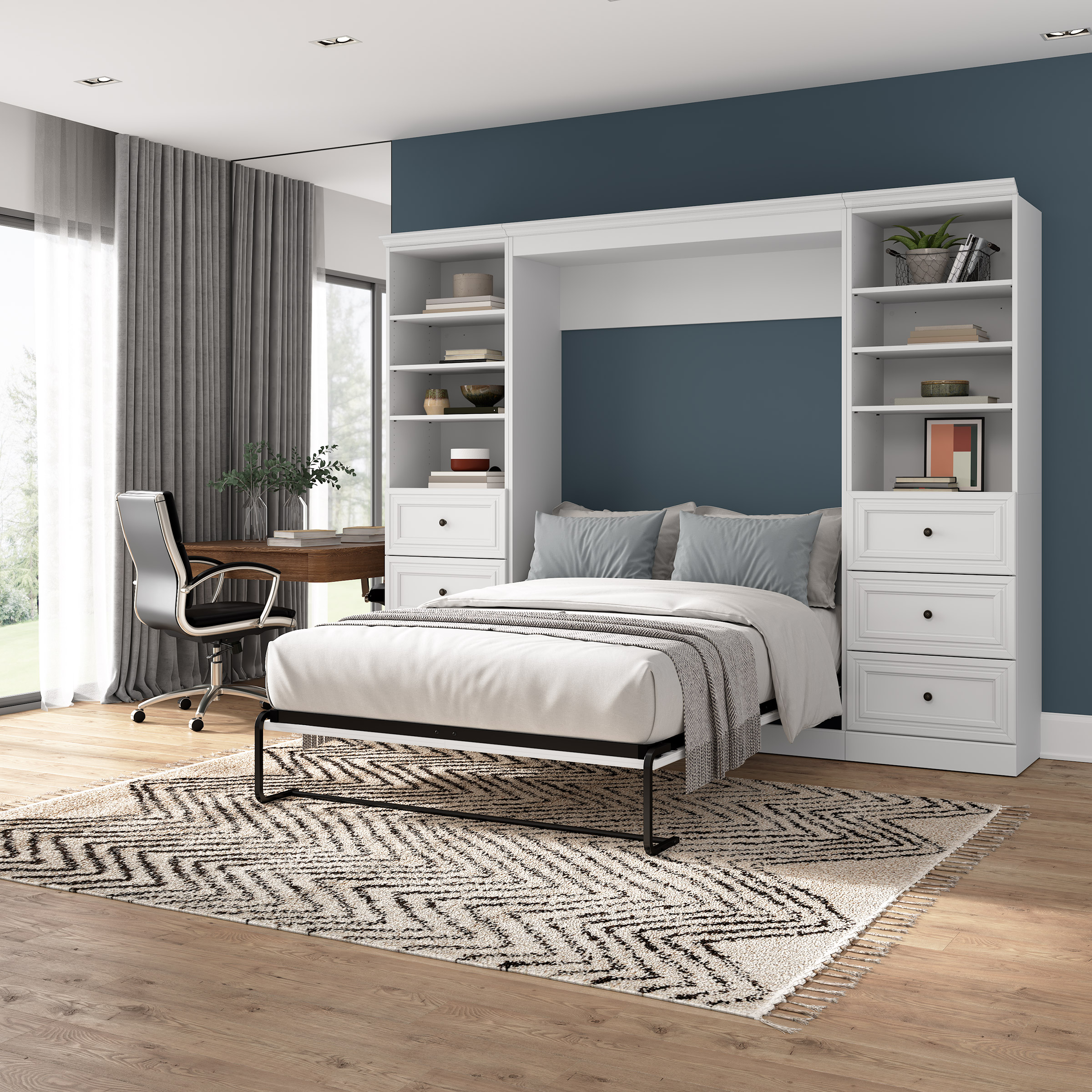 Bestar Audrea Full Wall Bed with Two 25' Storage Units and Drawers in White